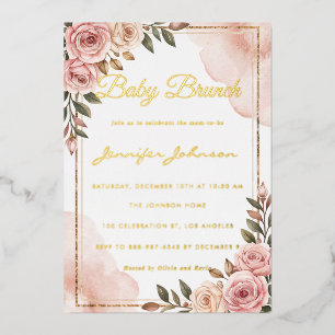 Pretty Watercolor Flowers Baby Brunch Foil Invitation