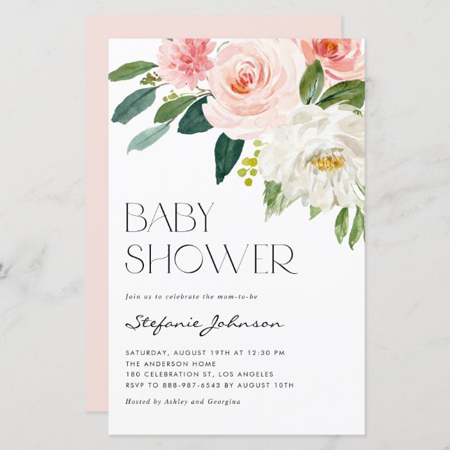 Pretty Watercolor Flowers Baby Shower Invitation (Front/Back)