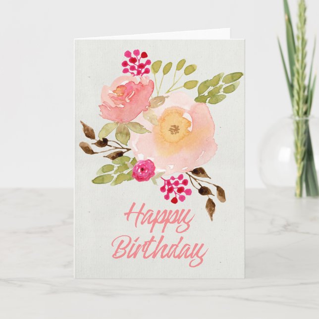 Pretty Watercolor Flowers Birthday Card (Front)