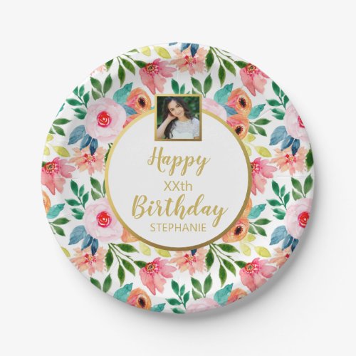 Pretty Watercolor Flowers Birthday Custom Photo Paper Plates