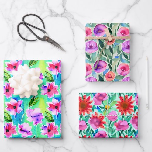 Pretty Watercolor Flowers Birthday Wrapping Paper Sheets