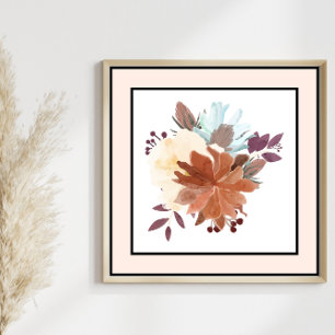 Pretty Watercolor Flowers Black Lines Pink Border Poster