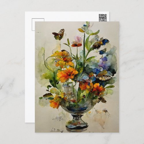 Pretty Watercolor Flowers Butterflies Digital File Postcard