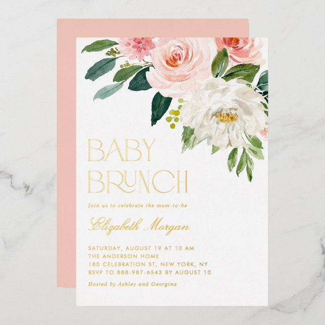 Pretty Watercolor Flowers Garden Baby Brunch Foil Invitation (Front/Back)
