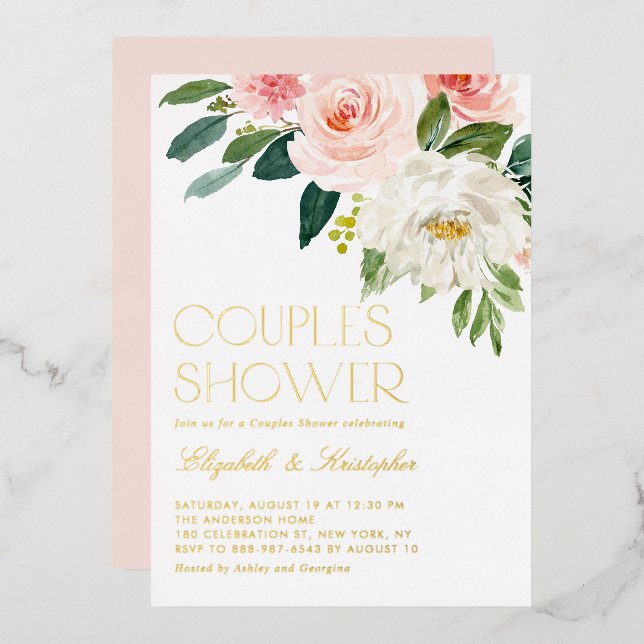 Pretty Watercolor Flowers Garden Couples Shower Foil Invitation (Front/Back)