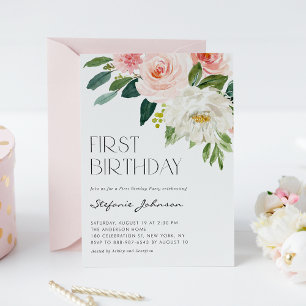 Pretty Watercolor Flowers Garden First Birthday Invitation