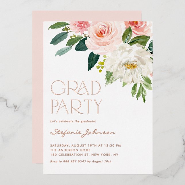 Pretty Watercolor Flowers Garden Graduation Party Foil Invitation (Front/Back)