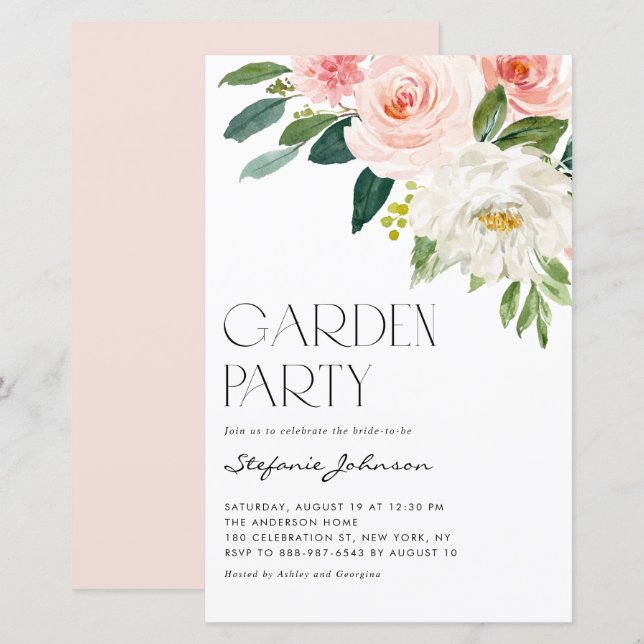 Pretty Watercolor Flowers Garden Party Invitation (Front/Back)