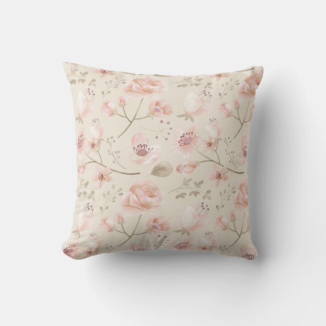 Pretty Watercolor Flowers Pattern Pink Botanical Throw Pillow (Front)