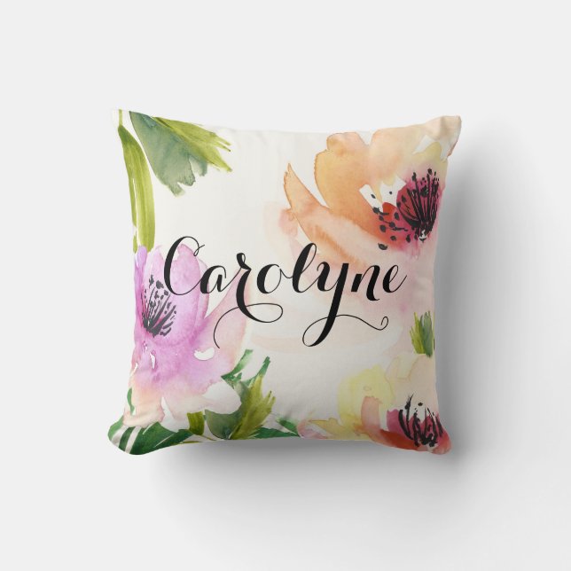 Pretty Watercolor Flowers Personalized Pillow (Front)