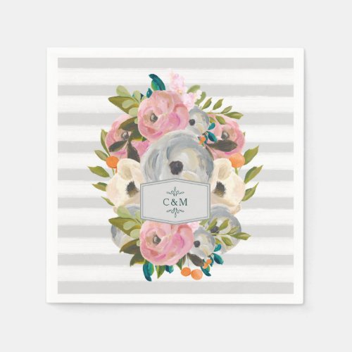 Pretty Watercolor Flowers with Chic Gray Stripes Paper Napkins