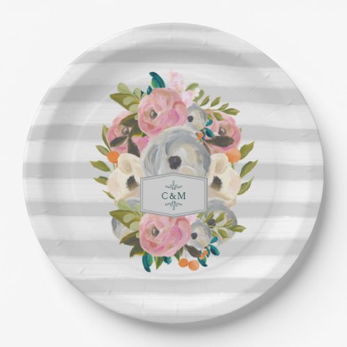 Pretty Watercolor Flowers with Chic Gray Stripes Paper Plates
