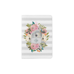 Pretty Watercolor Flowers with Chic Gray Stripes Passport Holder