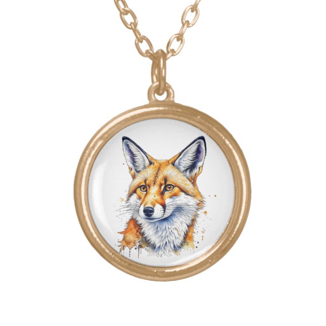Pretty Watercolor Fox | Animal Lovers Gold Plated Necklace (Front)