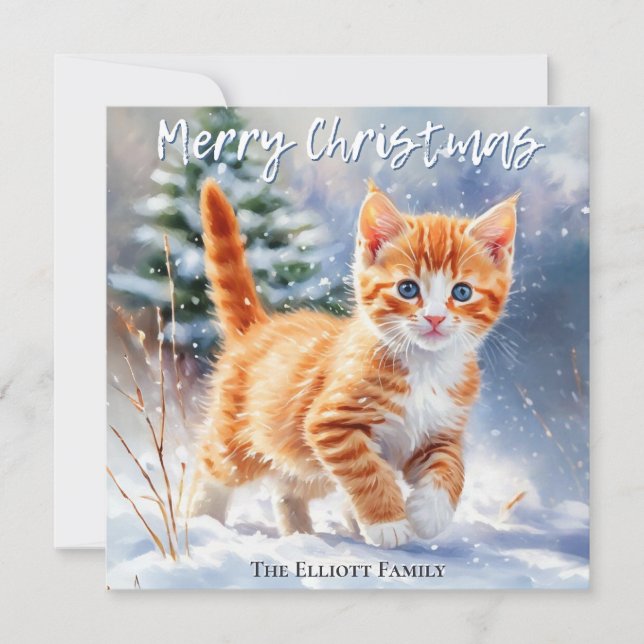 Pretty Watercolor Ginger Kitten Snow Christmas Holiday Card (Front)