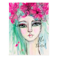 Pretty Watercolor Girl Pink Flowers Whimsical Art Postcard