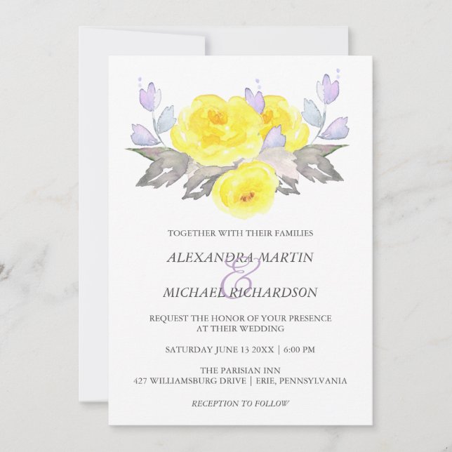 Pretty Watercolor Gray Yellow Purple Roses Wedding Invitation (Front)