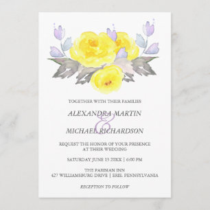 Pretty Watercolor Gray Yellow Purple Roses Wedding Invitation
