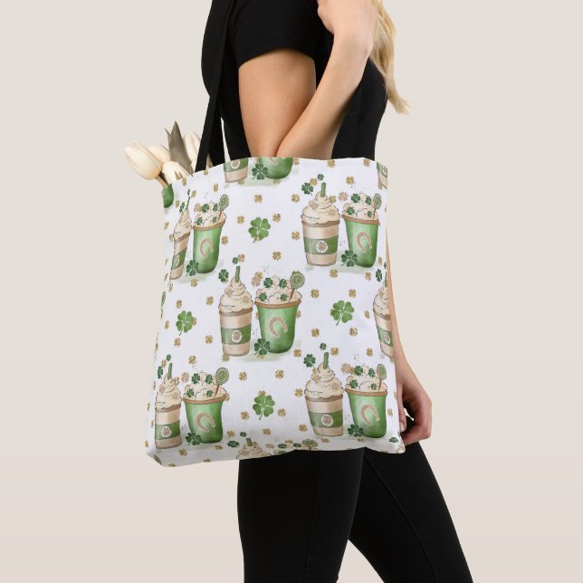 PRETTY WATERCOLOR GREEN & TAN IRISH BEVERAGES TOTE BAG (Close Up)