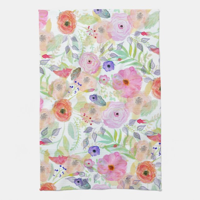 Pretty watercolor hand paint abstract floral kitchen towel (Vertical)