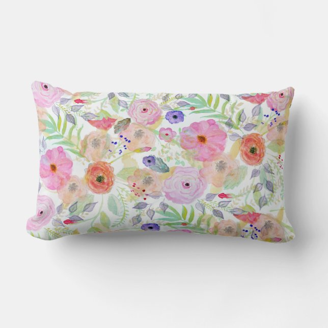 Pretty watercolor hand paint abstract floral lumbar pillow (Front)