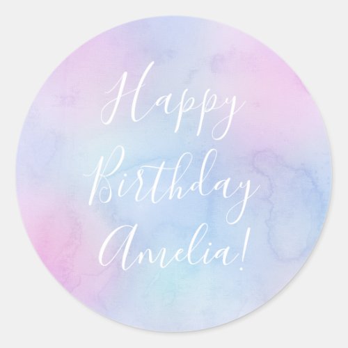 Pretty Watercolor Happy Birthday Name Purple Classic Round Sticker