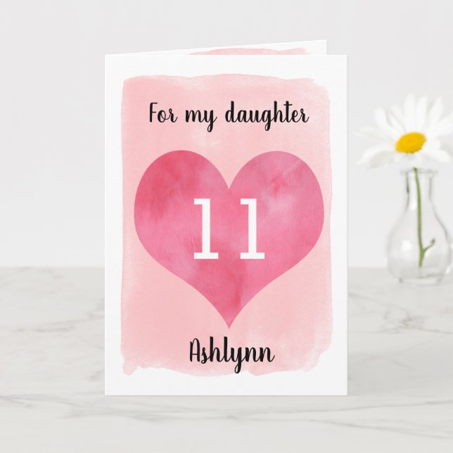 Pretty Watercolor Heart 11th Birthday Daughter Card (Small Plant)