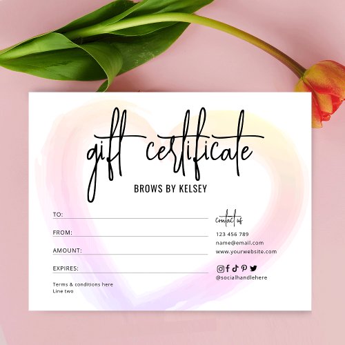 Pretty Watercolor Heart Valentines Gift Voucher Card