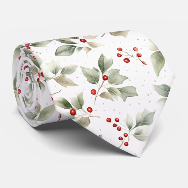 Pretty Watercolor Holly and Berries Neck Tie (Rolled)
