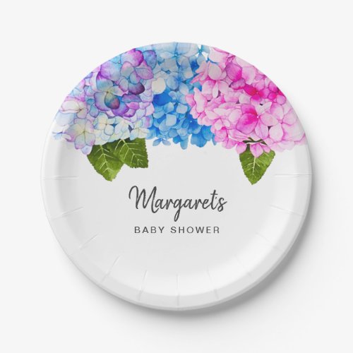 Pretty Watercolor Hydrangea Flowers  Baby Shower Paper Plates