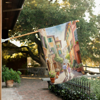 PRETTY WATERCOLOR ITALIAN VILLAGE SCENE HOUSE FLAG