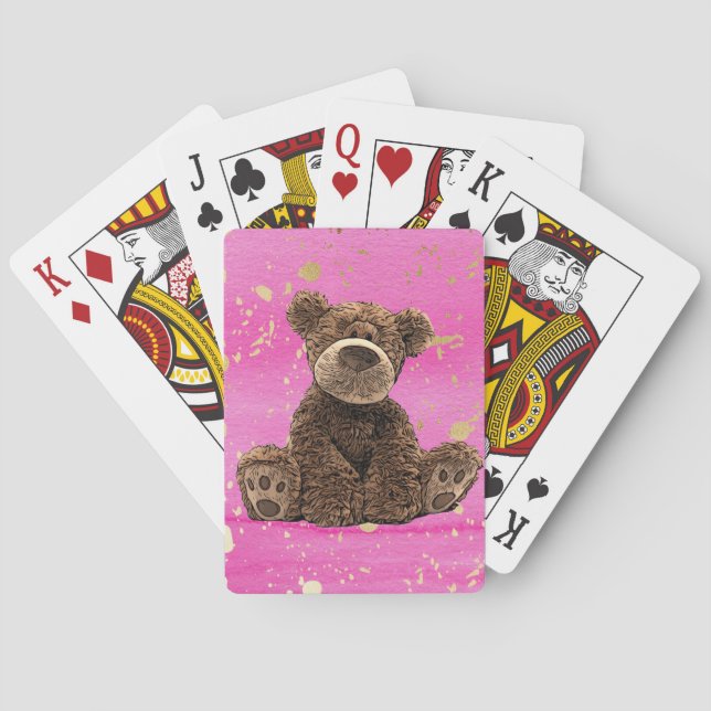 Pretty Watercolor Kid's Pink Teddy Bear  Poker Cards (Back)