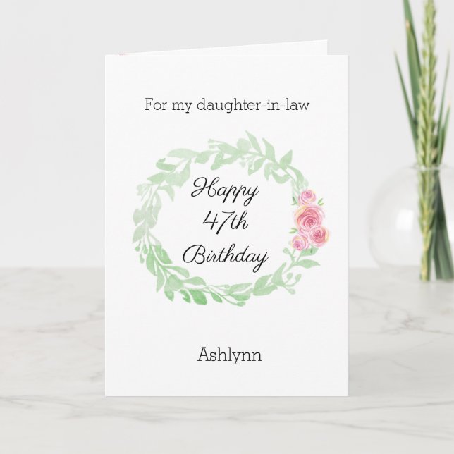 Pretty Watercolor Laurel Floral 47th Birthday  Card (Front)