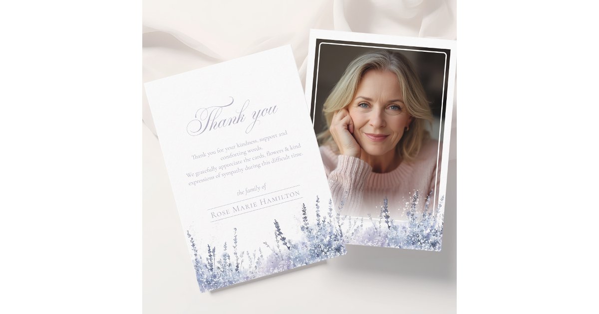 Pretty Watercolor Lavender Funeral Photo Thank You Card | Zazzle