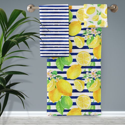 Pretty Watercolor Lemons and Blue Stripes Bathroom Bath Towel Set