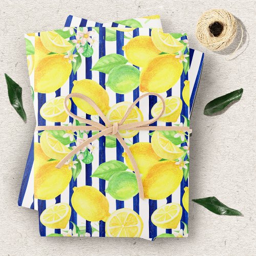 Pretty Watercolor Lemons and Blue Stripes Wrapping Paper Sheets