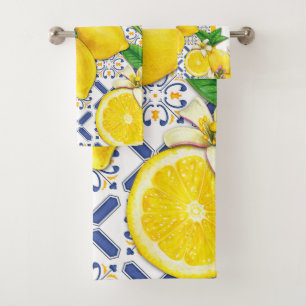Pretty Watercolor Lemons & Blue Stripes Bath Towel