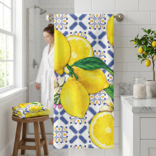 Pretty Watercolor Lemons & Blue Stripes Bath Towel