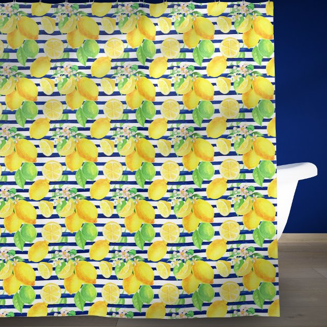 Pretty Watercolor Lemons on Blue Stripes Bathroom Shower Curtain (Creator Uploaded)