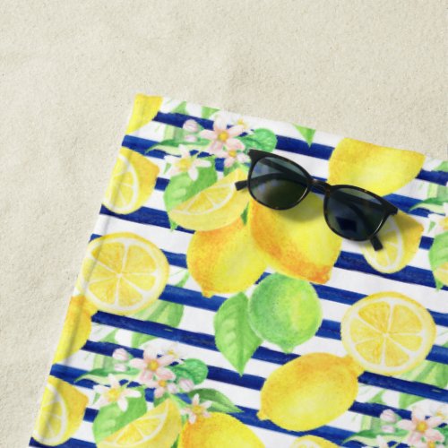 Pretty Watercolor Lemons on Blue Stripes Beach Towel
