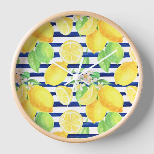 Pretty Watercolor Lemons on Blue Stripes Clock
