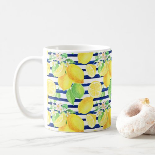 Pretty Watercolor Lemons on Blue Stripes Coffee Mug