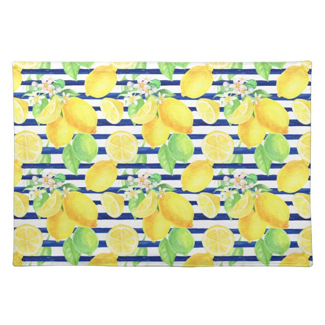 Pretty Watercolor Lemons on Blue Stripes Kitchen Cloth Placemat (Front)