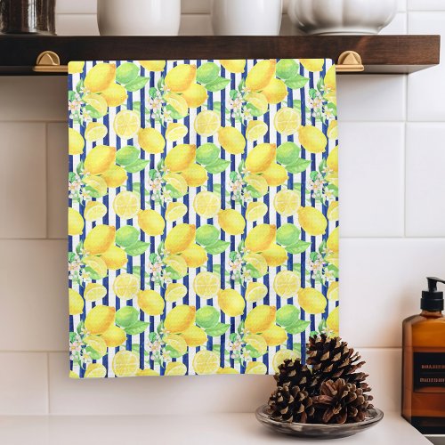 Pretty Watercolor Lemons on Blue Stripes Kitchen Towel