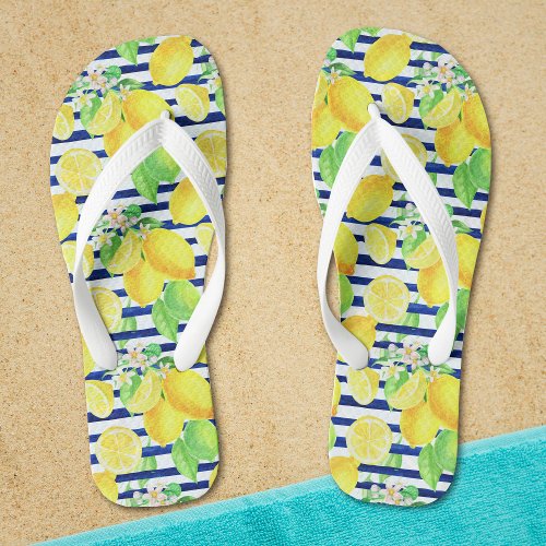 Pretty Watercolor Lemons on Blue Stripes Summer Flip Flops