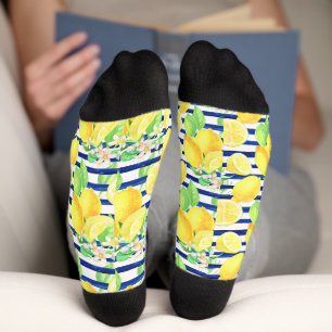Pretty Watercolor Lemons on Blue Stripes Summer Socks