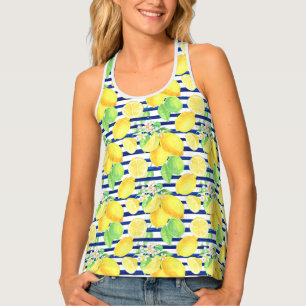 Pretty Watercolor Lemons on Blue Stripes Summer Tank Top