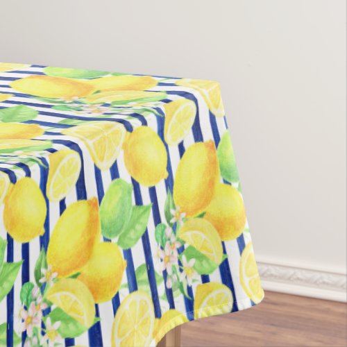 Pretty Watercolor Lemons on Blue Stripes Tablecloth