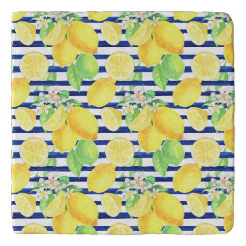 Pretty Watercolor Lemons on Blue Stripes Trivet