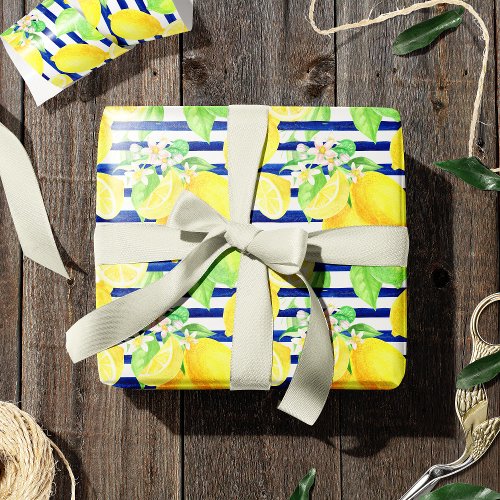 Pretty Watercolor Lemons on Blue Stripes Wrapping Paper